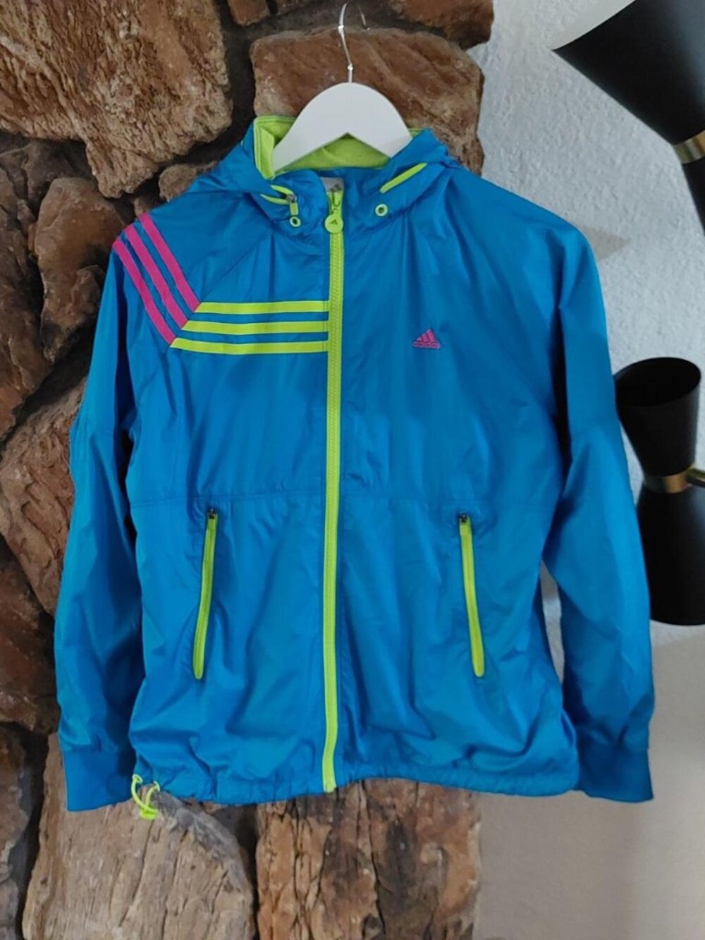 Vintage Style Adidas ClimaProof Jacket Womens Medium Turquoise Blue Pink Yellow